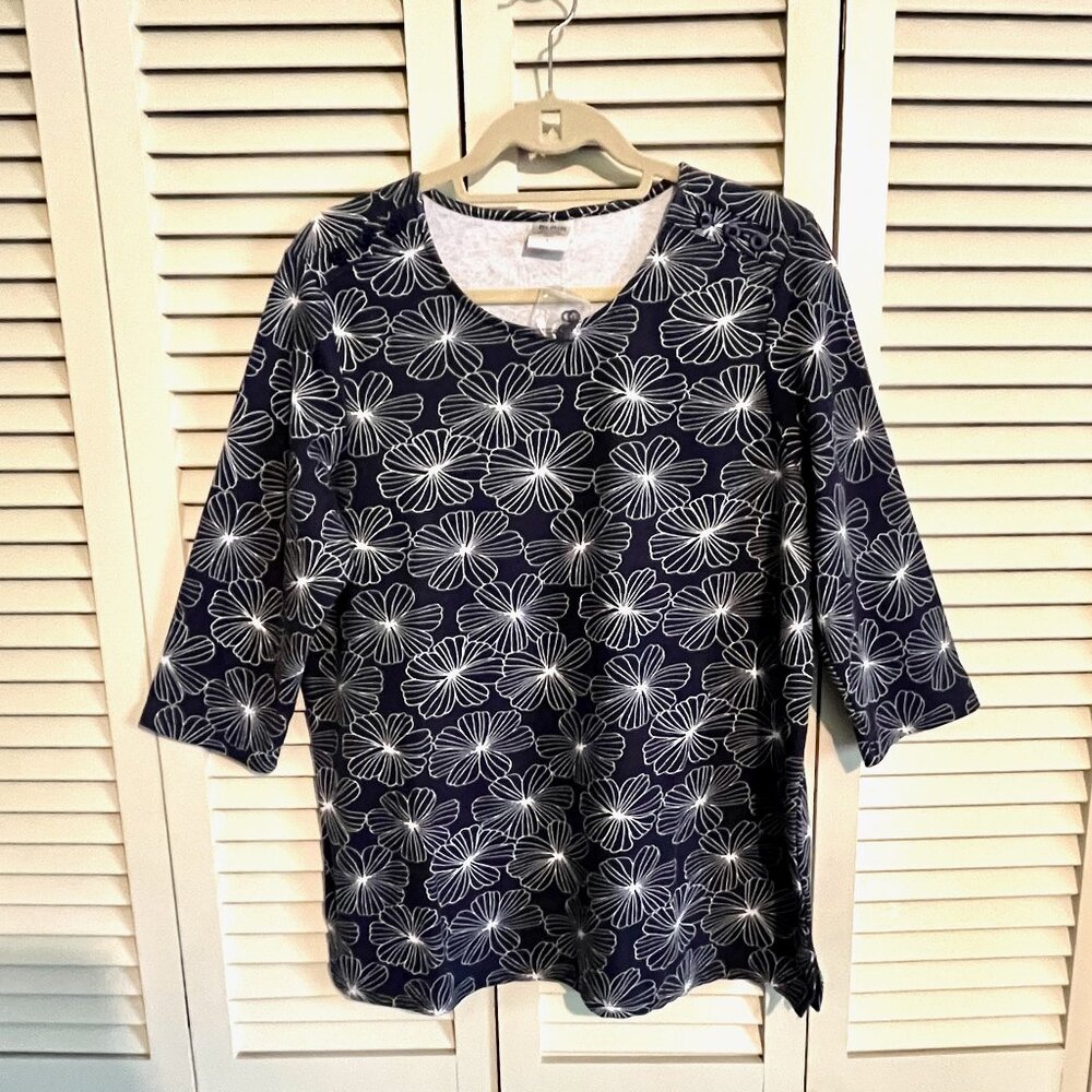 Blair Tunic * 3/4 Sleeves * Navy & White * Sz  Lrg * Button Shoulder Decor * New